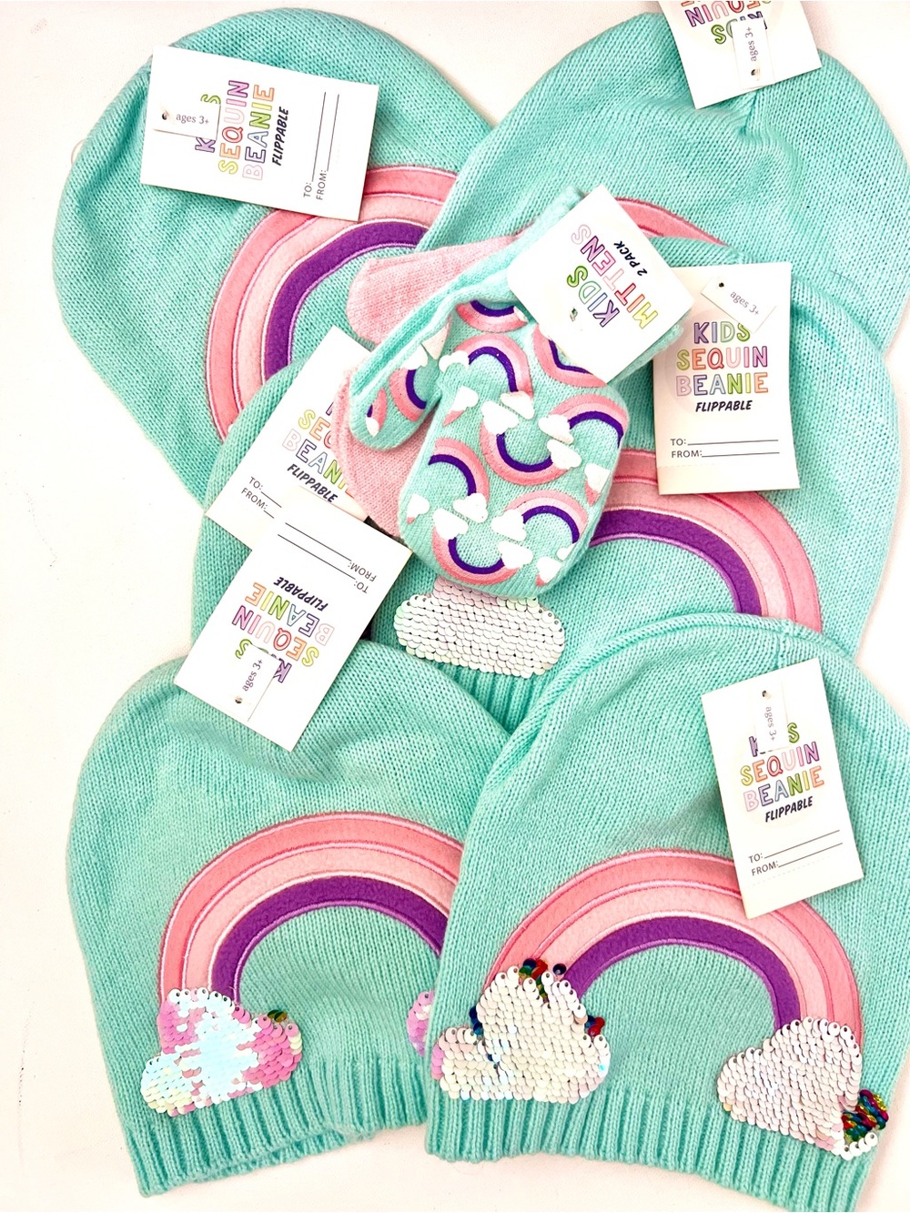 Kids’ Winter Beanies (6) and Matching Mittens (2 Pairs): NWT